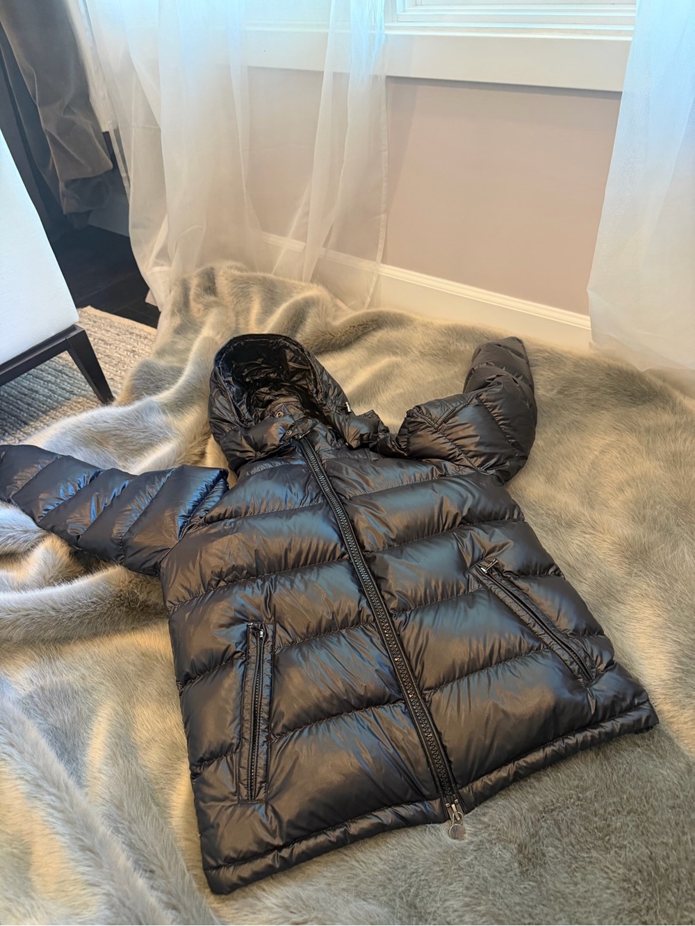 Moncler Black Shiny Quilted Hooded Puffer Jacket